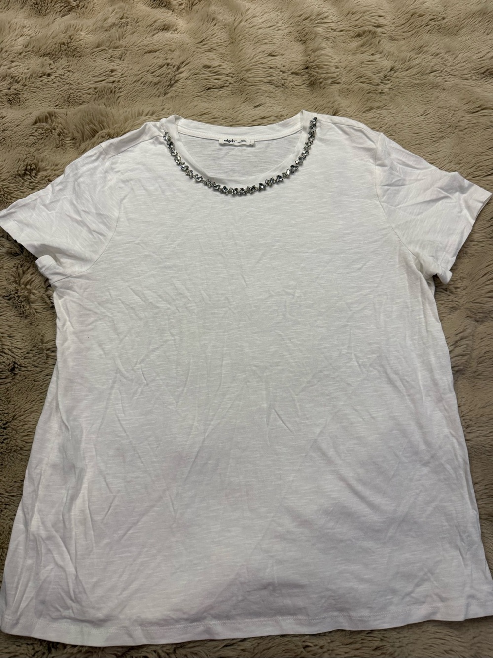 White Short-Sleeve Tee with Jeweled Crew Neck